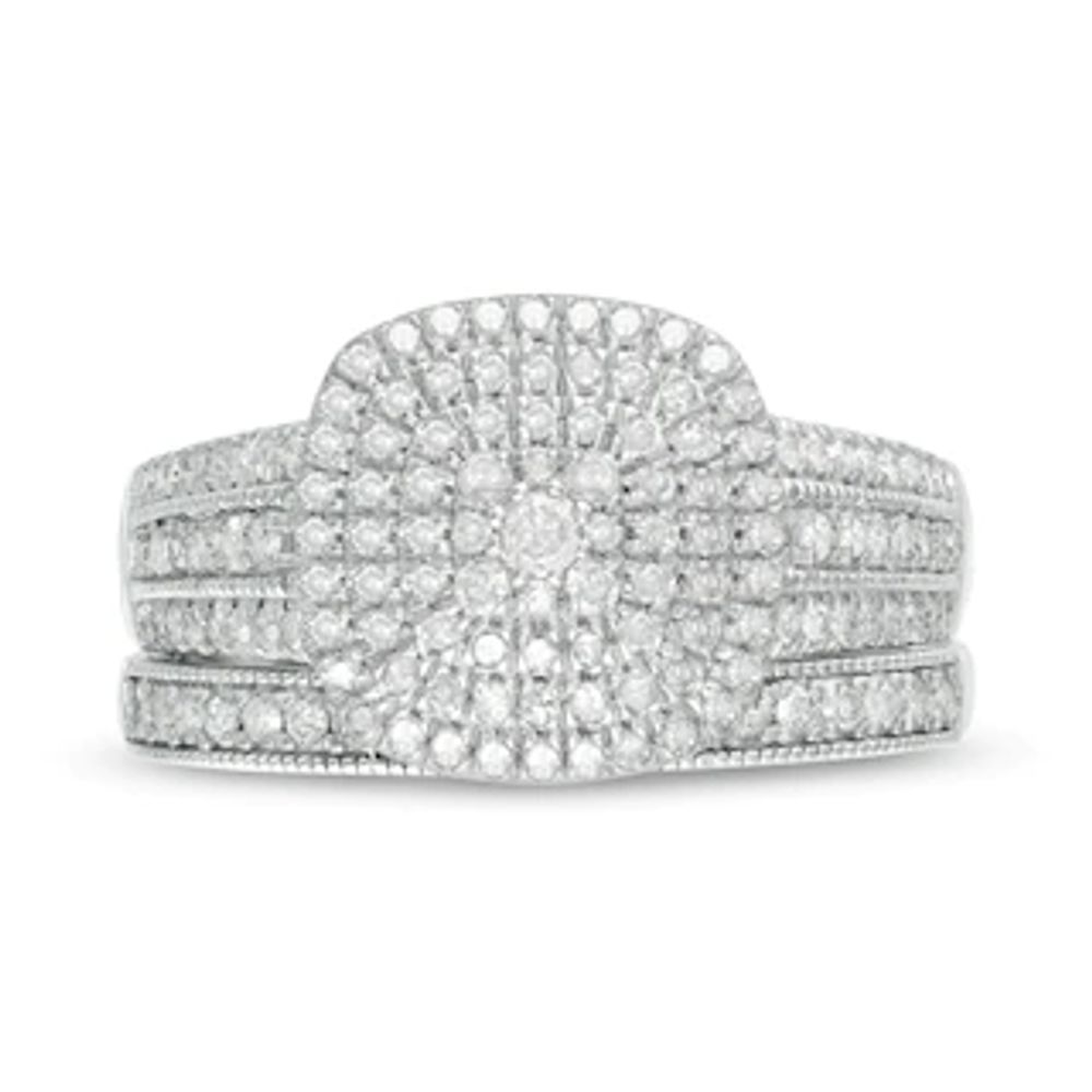 0.69 CT. T.W. Composite Diamond Triple Cushion Frame Vintage-Style Multi-Row Bridal Set in 10K White Gold|Peoples Jewellers