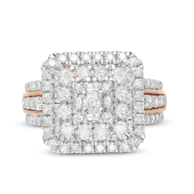 1.45 CT. T.W. Composite Diamond Cushion Frame Multi-Row Three Piece Bridal  Set in 10K Rose Gold