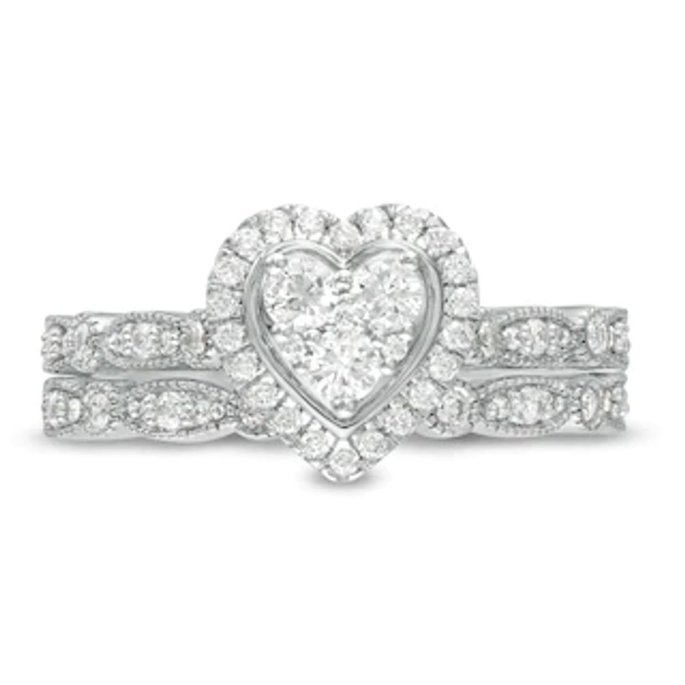 0.45 CT. T.W. Multi-Diamond Heart Frame Alternating Marquise Vintage-Style Bridal Set in 10K White Gold|Peoples Jewellers