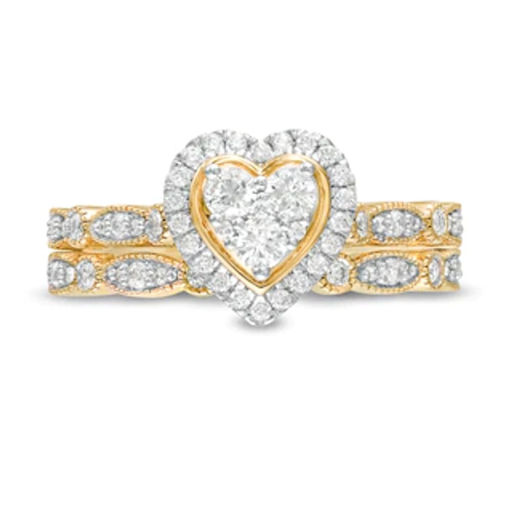 0.45 CT. T.W. Multi-Diamond Heart Frame Alternating Marquise Vintage-Style Bridal Set in 10K Gold|Peoples Jewellers