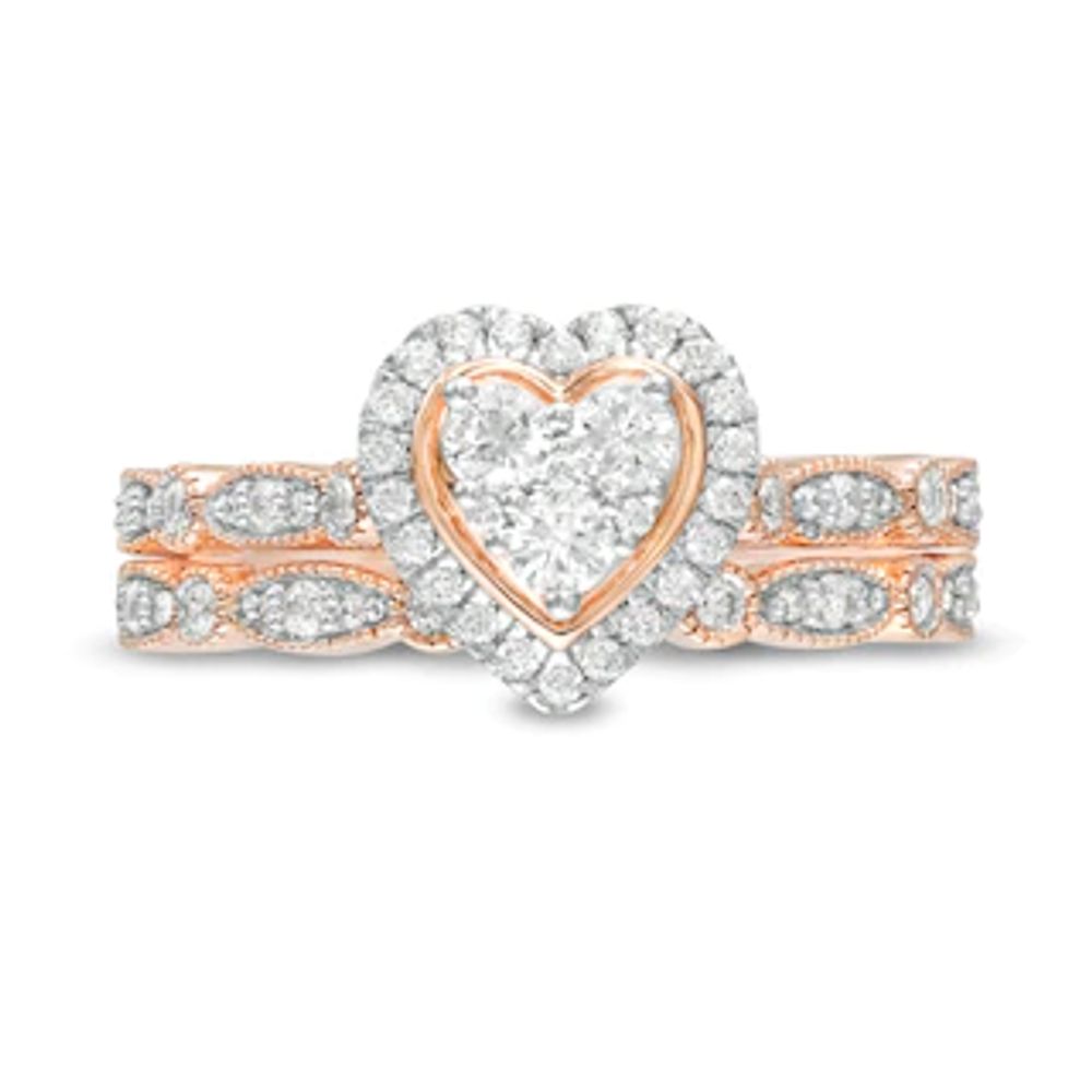 0.45 CT. T.W. Multi-Diamond Heart Frame Alternating Marquise Vintage-Style Bridal Set in 10K Rose Gold|Peoples Jewellers