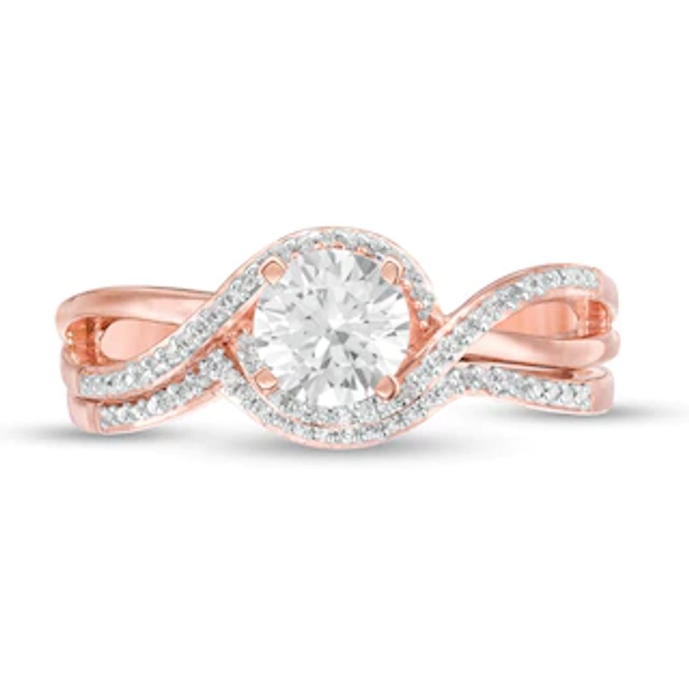 5.5mm Lab-Created White Sapphire and 0.088 Diamond Swirl Frame Bridal Set in Sterling Silver with 14K Rose Gold Plate|Peoples Jewellers