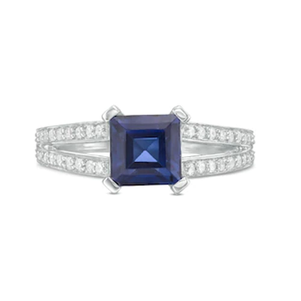 7.2mm Princess-Cut Lab-Created Blue Sapphire and 0.23 CT. T.W. Diamond Split Shank Ring in 10K White Gold|Peoples Jewellers