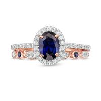 Oval Lab-Created Blue and White Sapphire Frame Art Deco Bridal Set in 10K Rose Gold|Peoples Jewellers