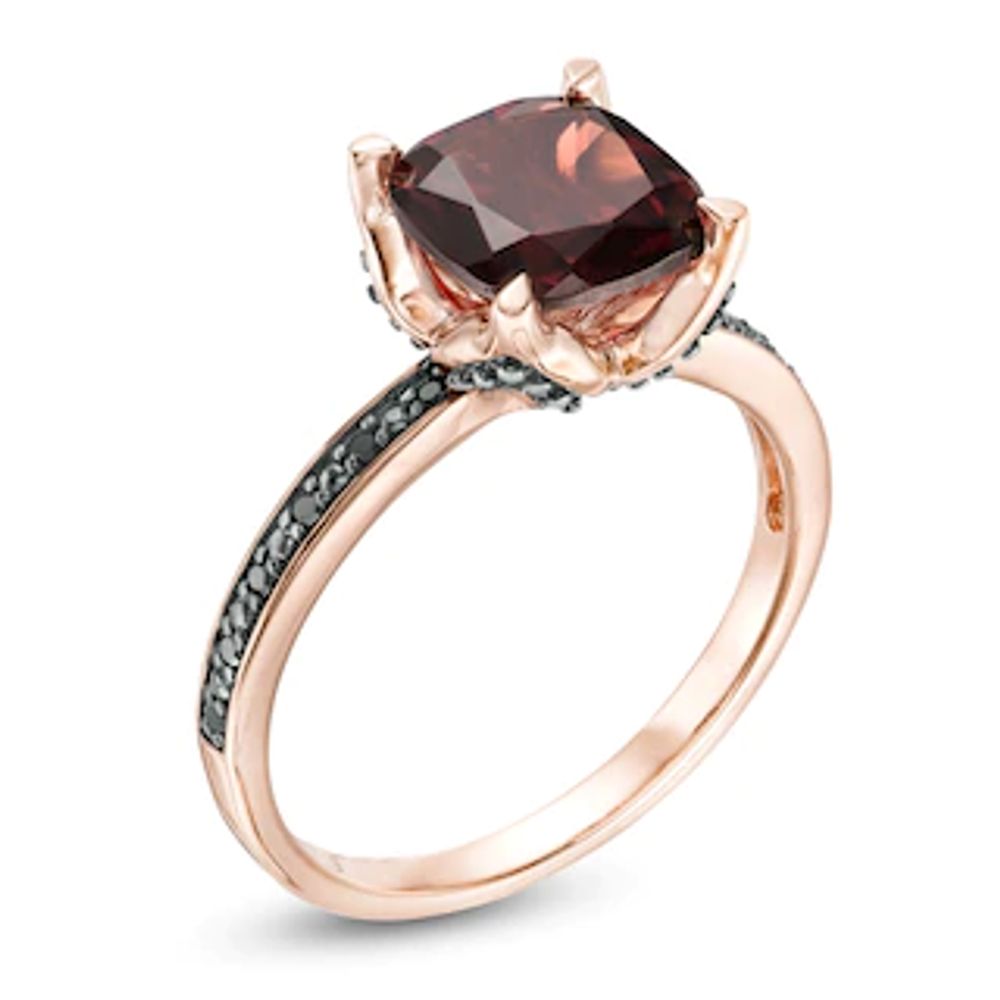 8.0mm Cushion-Cut Garnet and 0.06 CT. T.W. Black Diamond Flower Engagement Ring in 10K Rose Gold|Peoples Jewellers