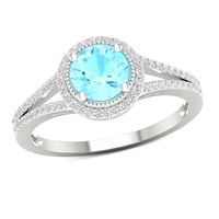 6.0mm Aquamarine and 0.16 CT. T.W. Diamond Double Frame Vintage-Style Split Shank Ring in 10K White Gold|Peoples Jewellers