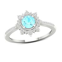 5.0mm Aquamarine and 0.10 CT. T.W. Diamond Sunburst Double Frame Vintage-Style Tapered Shank Ring in 10K White Gold|Peoples Jewellers