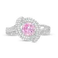 6.0mm Lab-Created Pink Sapphire and 0.085 CT. T.W. Diamond Double Row Swirl Ring in Sterling Silver|Peoples Jewellers