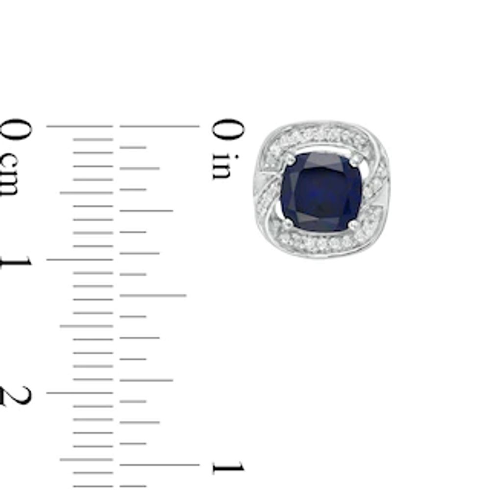 6.0mm Cushion-Cut Lab-Created Blue Sapphire and 0.085 CT. T.W. Diamond Swirl Frame Stud Earrings in Sterling Silver|Peoples Jewellers