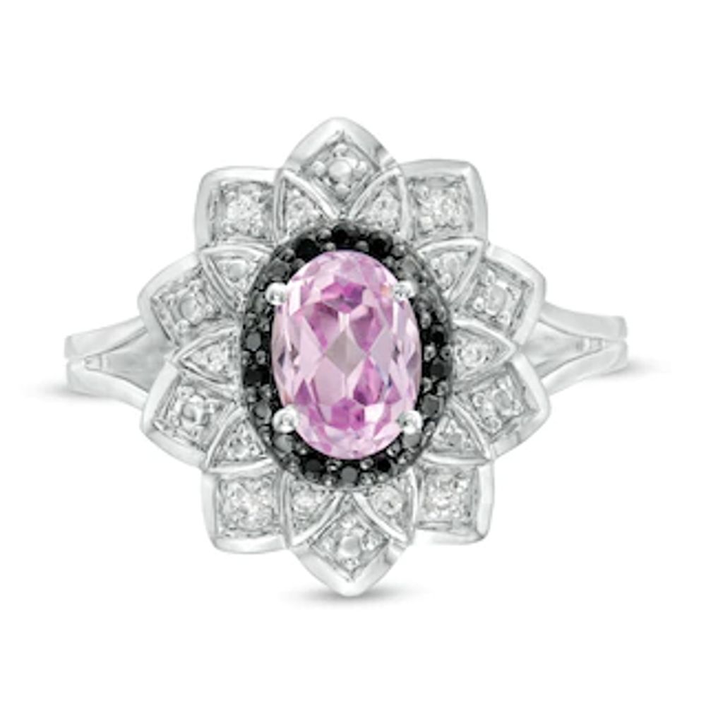 Oval Lab-Created Pink Sapphire and 0.085 CT. T.W. White and Black Diamond Frame Ring in Sterling Silver|Peoples Jewellers