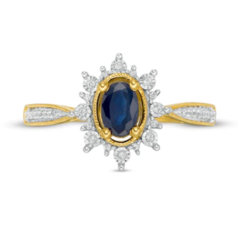 Oval Blue Sapphire and 0.10 CT. T.W. Diamond Starburst Frame Vintage-Style Ring in 10K Gold|Peoples Jewellers