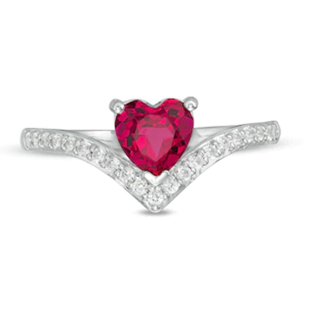 6.0mm Heart-Shaped Lab-Created Ruby and White Sapphire Chevron Ring in Sterling Silver|Peoples Jewellers