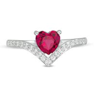 6.0mm Heart-Shaped Lab-Created Ruby and White Sapphire Chevron Ring in Sterling Silver|Peoples Jewellers