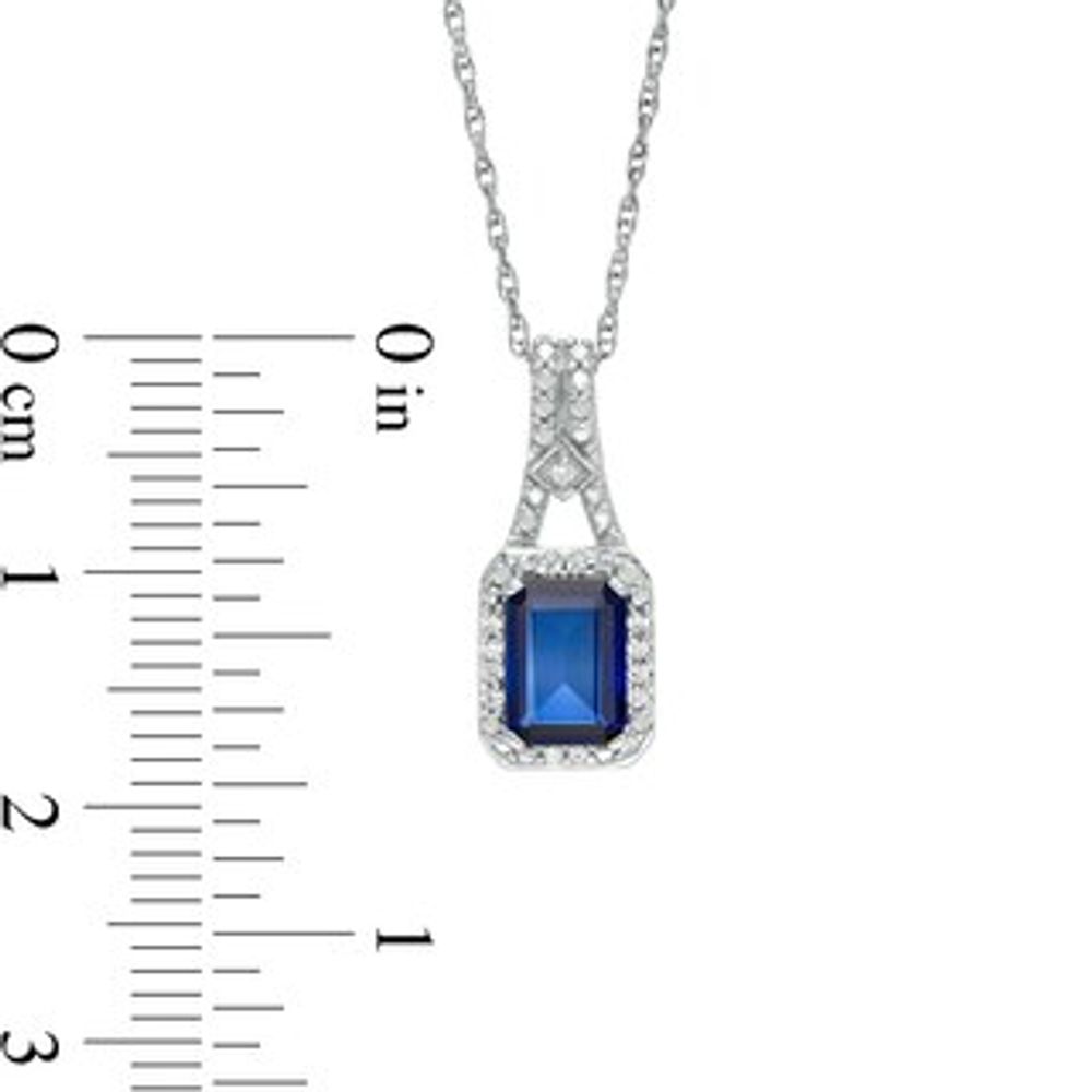 Emerald-Cut Lab-Created Blue Sapphire and 0.04 CT. T.W. Diamond Frame Drop Pendant in Sterling Silver|Peoples Jewellers