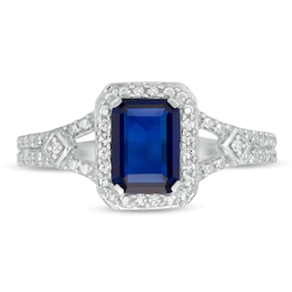 Emerald-Cut Lab-Created Blue Sapphire and 0.04 CT. T.W. Diamond Frame Split Shank Ring in Sterling Silver|Peoples Jewellers