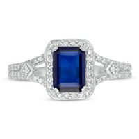 Emerald-Cut Lab-Created Blue Sapphire and 0.04 CT. T.W. Diamond Frame Split Shank Ring in Sterling Silver|Peoples Jewellers