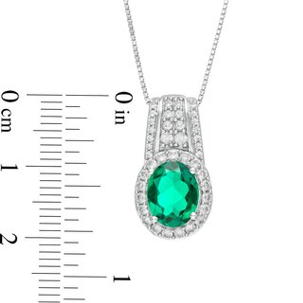 Oval Lab-Created Emerald and White Sapphire Drop Pendant in Sterling Silver|Peoples Jewellers