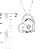 5.0mm Simulated Birthstone and Lab-Created White Sapphire Double Heart Pendant in Sterling Silver (1 Stone and 2 Lines)|Peoples Jewellers