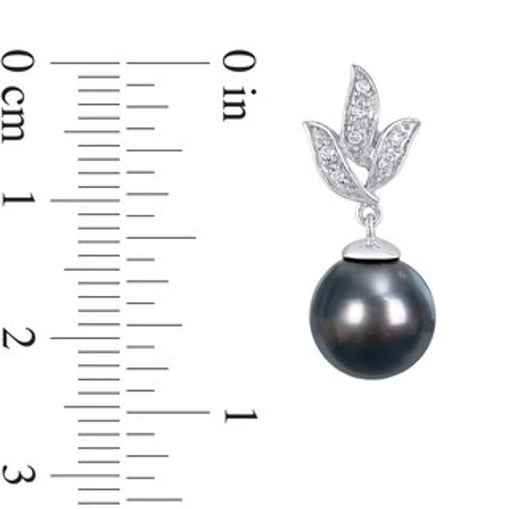 9.0-9.5mm Black Tahitian Cultured Pearl and 0.08 CT. T.W. Diamond Leaf Drop Earrings in 10K White Gold|Peoples Jewellers