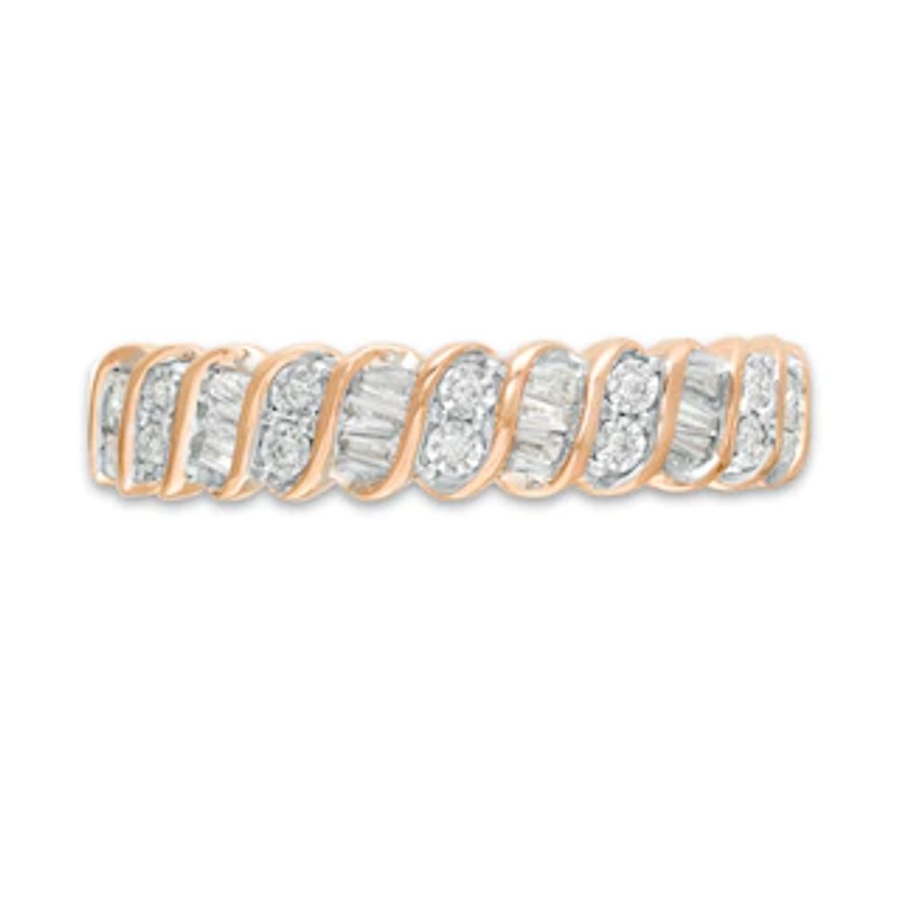 0.12 CT. T.W. Baguette and Round Diamond Stackable Spiral Anniversary Ring in 10K Rose Gold|Peoples Jewellers