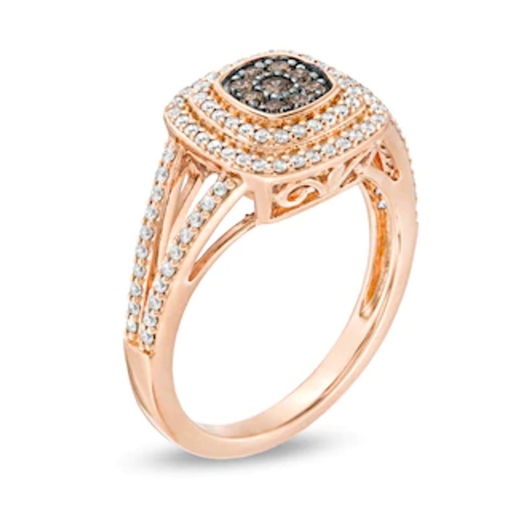 0.50 CT. T.W. Champagne and White Composite Diamond Cushion Frame Split Shank Ring in 10K Rose Gold|Peoples Jewellers