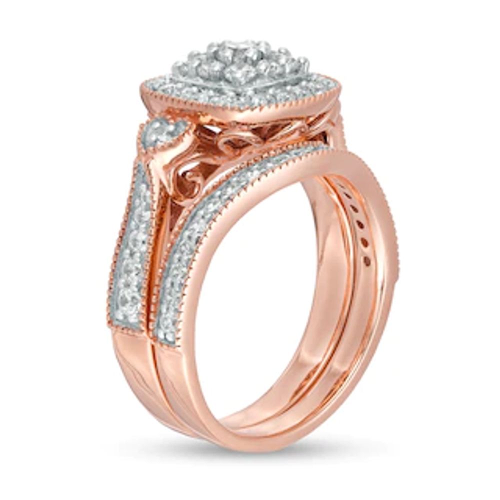 0.95 CT. T.W. Composite Diamond Cushion Frame Heart-Sides Vintage-Style Bridal Set in 10K Rose Gold|Peoples Jewellers