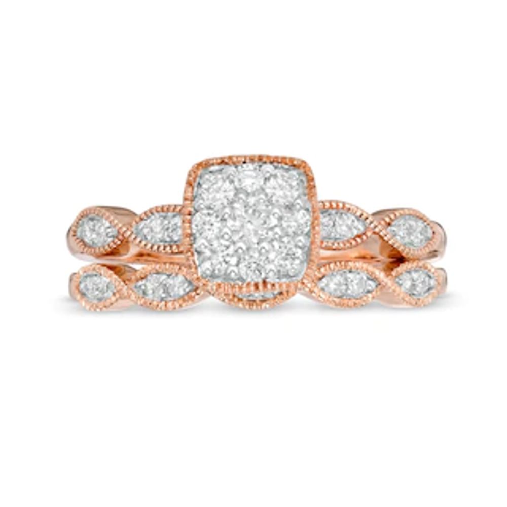 0.37 CT. T.W. Diamond Cushion Frame Marquise Twist Vintage-Style Bridal Set in 10K Rose Gold|Peoples Jewellers