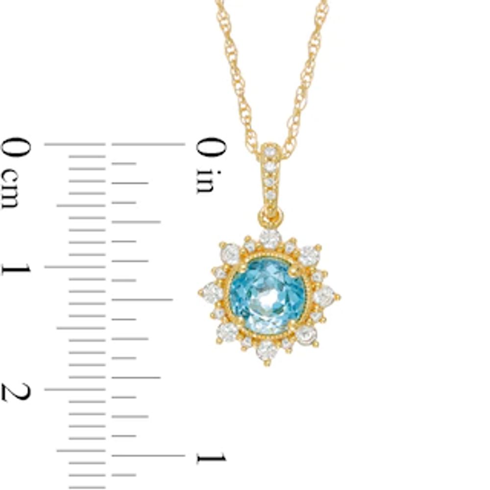 6.0mm Swiss Blue Topaz and Lab-Created White Sapphire Sunburst Frame Vintage-Style Drop Pendant in 10K Gold|Peoples Jewellers