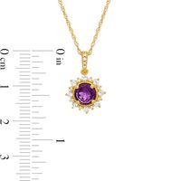 6.0mm Amethyst and Lab-Created White Sapphire Sunburst Frame Vintage-Style Drop Pendant in 10K Gold|Peoples Jewellers