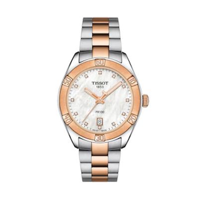 Ladies' Tissot PR 100 Sport Chic Diamond Accent Two-Tone PVD Watch with Mother-of-Pearl Dial (Model: T112.210.33.456.00)|Peoples Jewellers