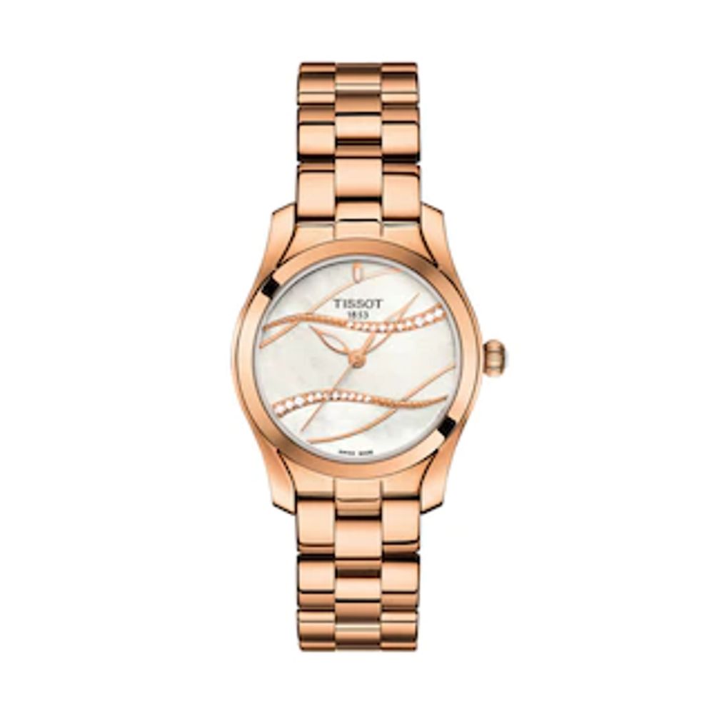 Ladies' Tissot T-Wave Diamond Accent Rose-Tone Watch with Mother-of-Pearl Dial (Model: T112.210.33.111.00)|Peoples Jewellers