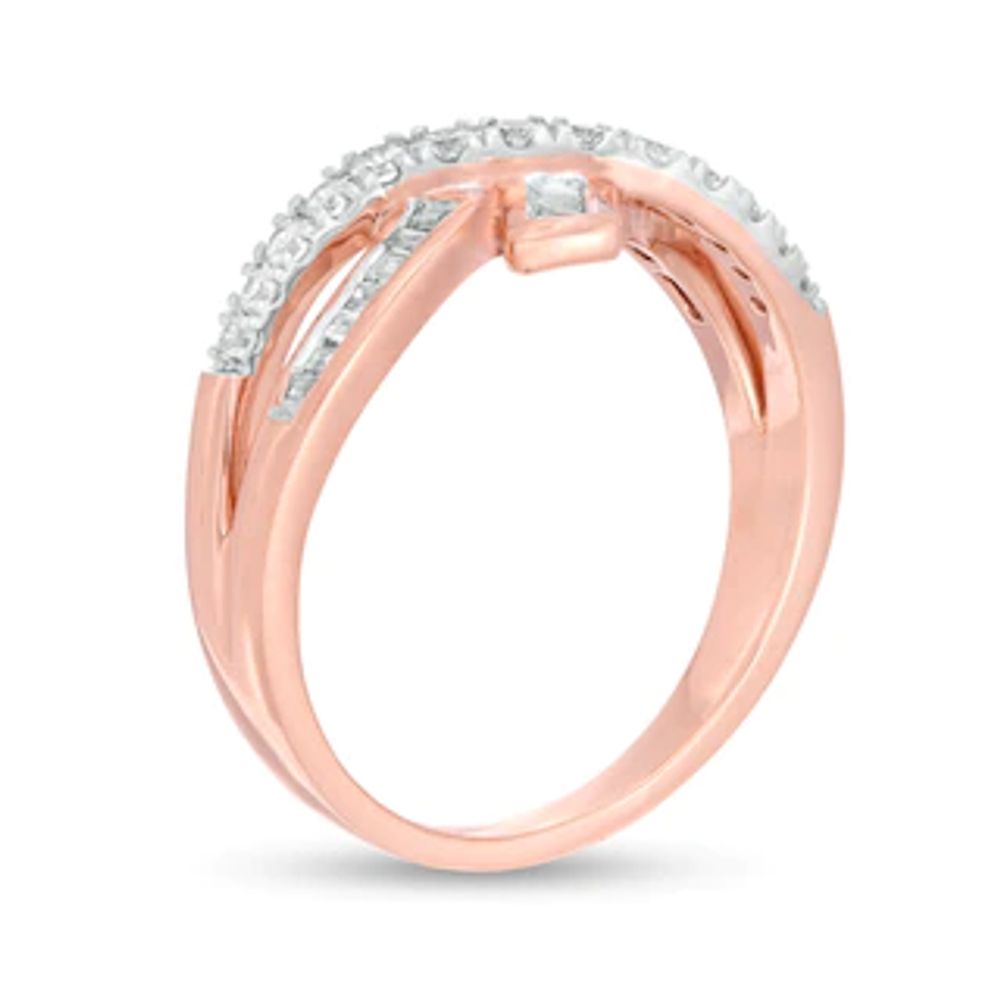 0.37 CT. T.W. Baguette and Round Diamond Bypass Crossover Ring in 10K Rose Gold|Peoples Jewellers