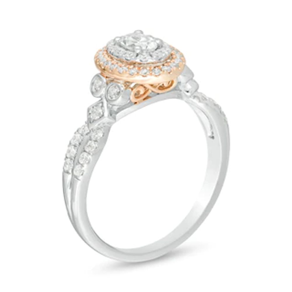 0.58 CT. T.W. Oval Diamond Double Frame Tri-Sides Engagement Ring in 14K Two-Tone Gold|Peoples Jewellers