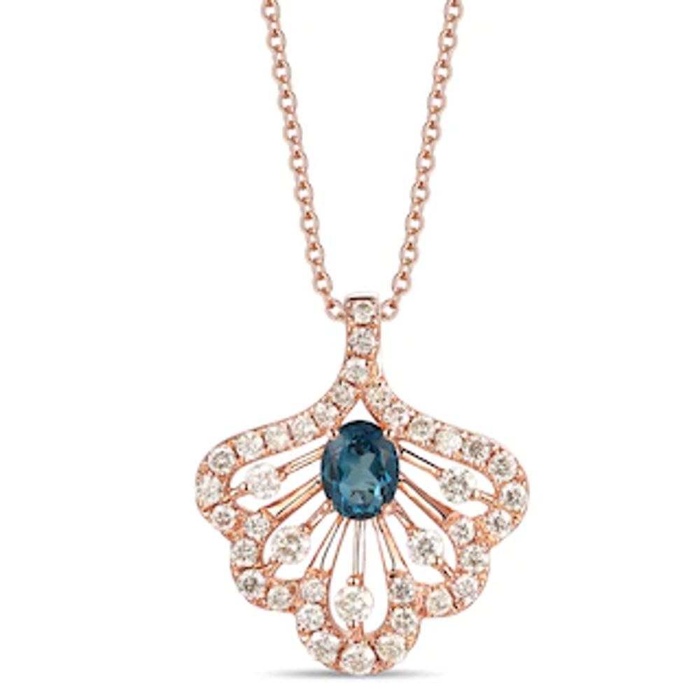 Le Vian® Oval Deep Sea Blue Topaz™ and Crème Brûlée Diamonds™ 0.59 CT. T.W. Diamond Fan Pendant in 14K Strawberry Gold™|Peoples Jewellers