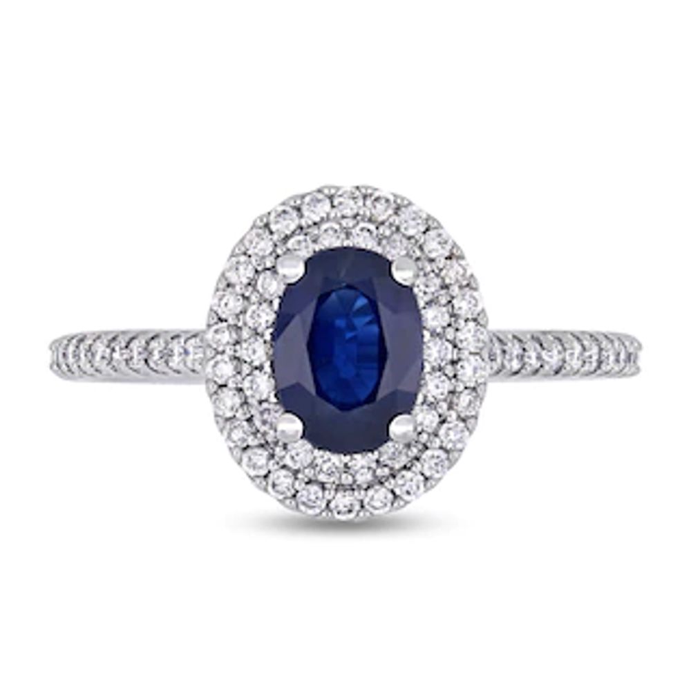 Oval Blue Sapphire and 0.32 CT. T.W. Diamond Double Frame Ring in 14K White Gold|Peoples Jewellers