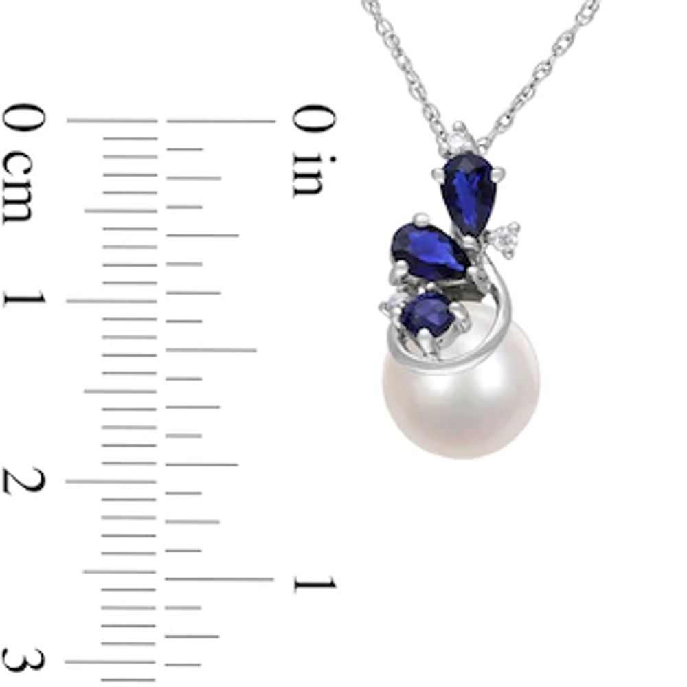 8.5-9.0mm Freshwater Cultured Pearl, Blue Sapphire and Diamond Accent Pendant in 10K White Gold-17"|Peoples Jewellers