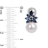 9.0-9.5mm Freshwater Cultured Pearl, Blue Sapphire and 0.13 CT. T.W. Diamond Flower Drop Earrings in 14K White Gold|Peoples Jewellers