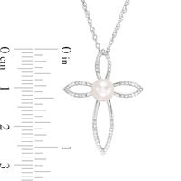 6.0mm Freshwater Cultured Pearl and 0.04 CT. T.W. Diamond Cross Pendant in Sterling Silver|Peoples Jewellers