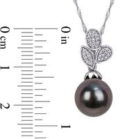 9.0-9.5mm Baroque Black Tahitian Cultured Pearl and 0.09 CT. T.W. Diamond Leaves Pendant in 10K White Gold-17"|Peoples Jewellers