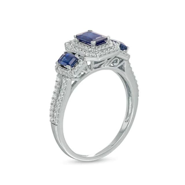 Emerald-Cut Blue Sapphire and 0.33 CT. T.W. Diamond Double Octagonal Frame Three Stone Engagement Ring in 14K White Gold|Peoples Jewellers