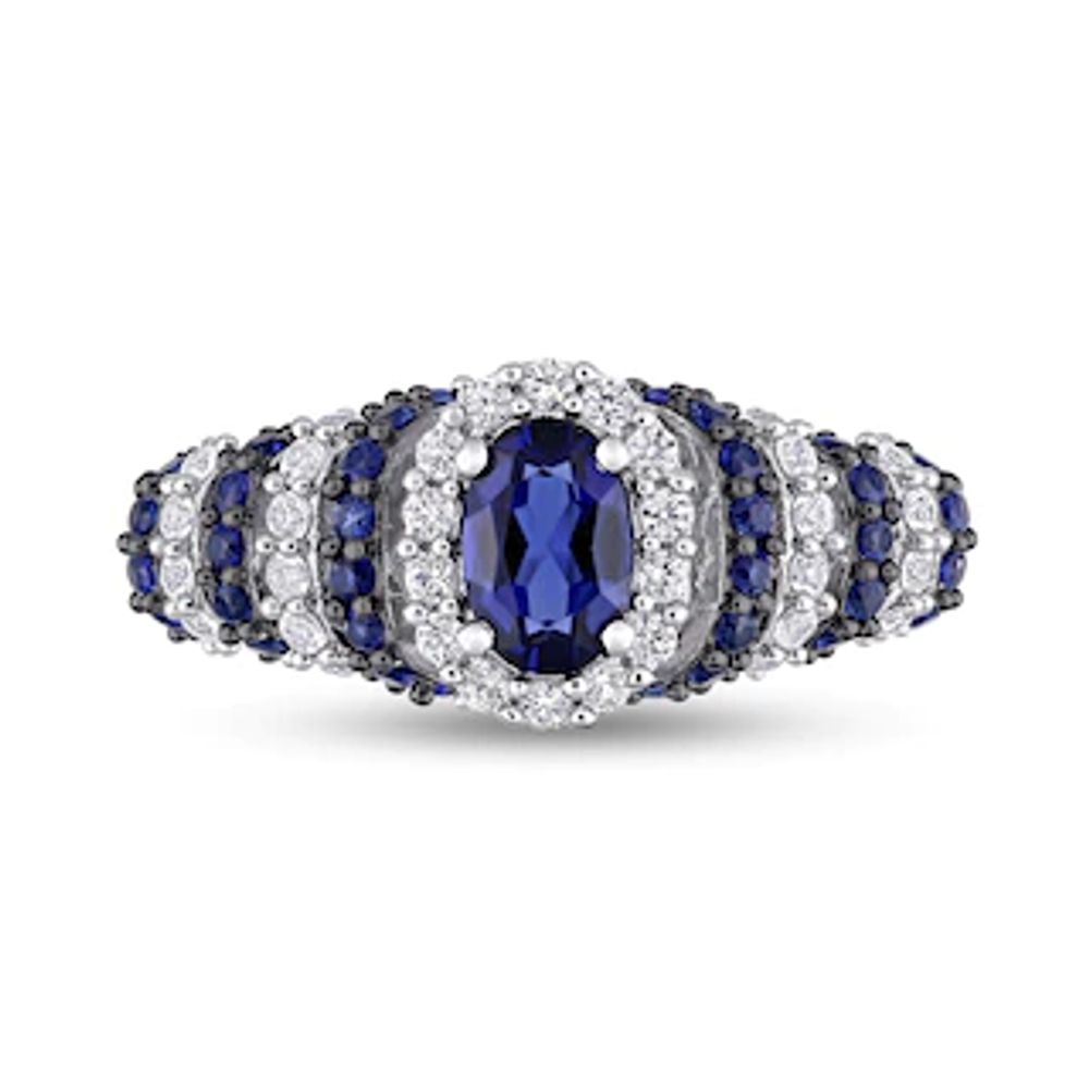 Oval Lab-Created Blue and White Sapphire Ripple Shank Ring in Sterling Silver|Peoples Jewellers