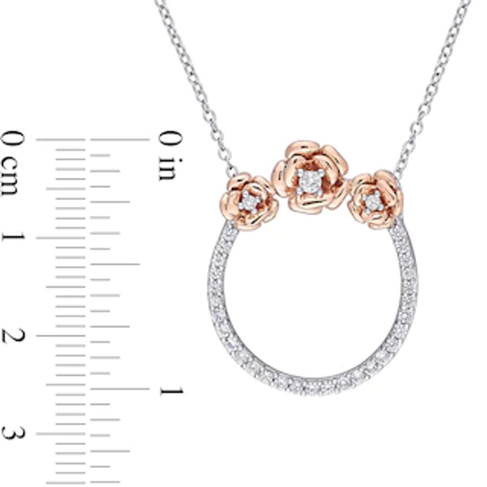 Lab-Created White Sapphire Flower Trio Circle Necklace in Sterling Silver and Rose Rhodium|Peoples Jewellers