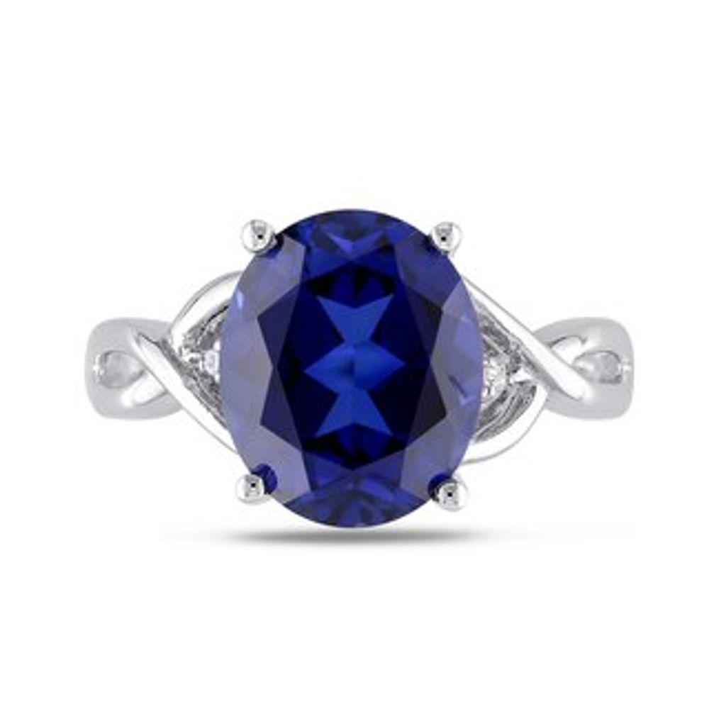 Oval Lab-Created Blue Sapphire and Diamond Accent Criss-Cross Split Shank Ring in Sterling Silver|Peoples Jewellers