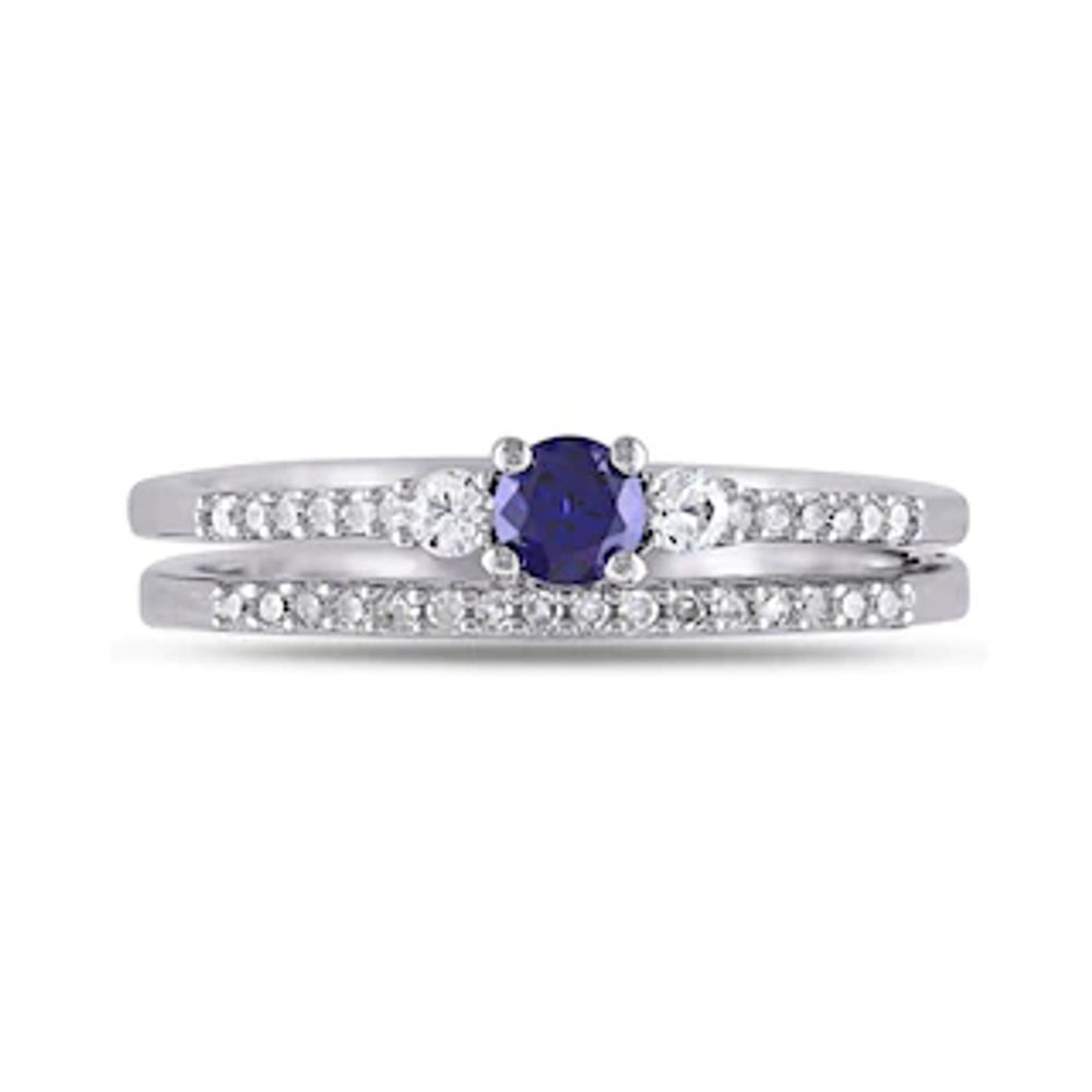 Lab-Created Blue and White Sapphire and 0.11 CT. T.W. Diamond Three Stone Bridal Set in Sterling Silver|Peoples Jewellers