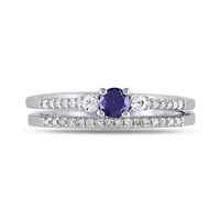 Lab-Created Blue and White Sapphire and 0.11 CT. T.W. Diamond Three Stone Bridal Set in Sterling Silver|Peoples Jewellers