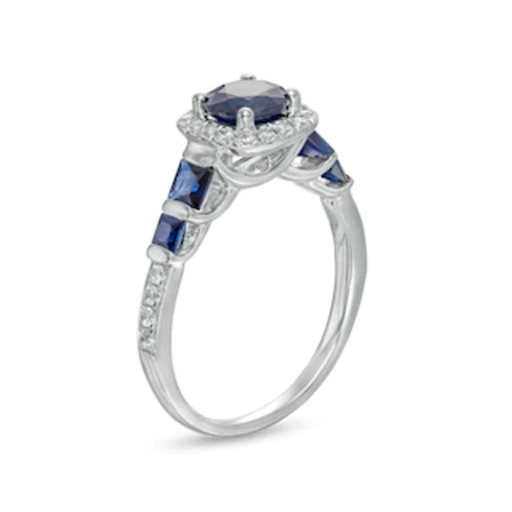 6.0mm Blue Sapphire and 0.25 CT. T.W. Diamond Cushion-Cut Frame Engagement Ring in 14K White Gold|Peoples Jewellers