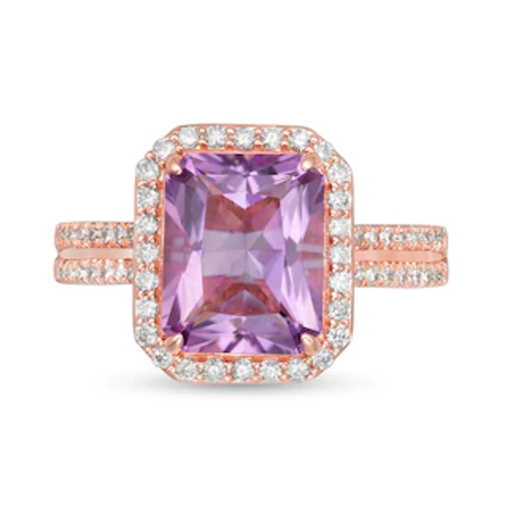 Emerald-Cut Rose de France Amethyst and 0.45 CT. T.W. Diamond Frame Double Row Engagement Ring in 14K Rose Gold|Peoples Jewellers