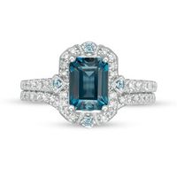 Emerald-Cut London Blue Topaz and 0.50 CT. T.W. Diamond Ornate Frame Vintage-Style Bridal Set in 14K White Gold|Peoples Jewellers