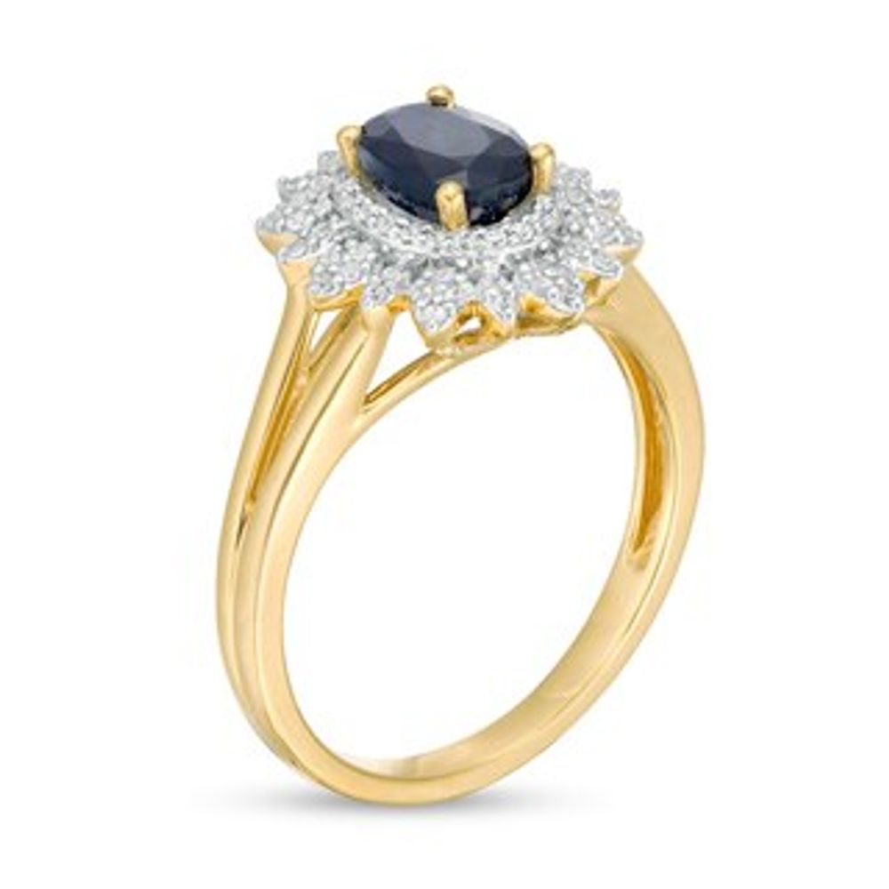 Oval Blue Sapphire and 0.18 CT. T.W. Diamond Flower Frame Split Shank Ring in 10K Gold|Peoples Jewellers