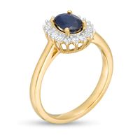 Oval Blue Sapphire and 0.20 CT. T.W. Baguette and Round Diamond Starburst Frame Ring in 10K Gold|Peoples Jewellers